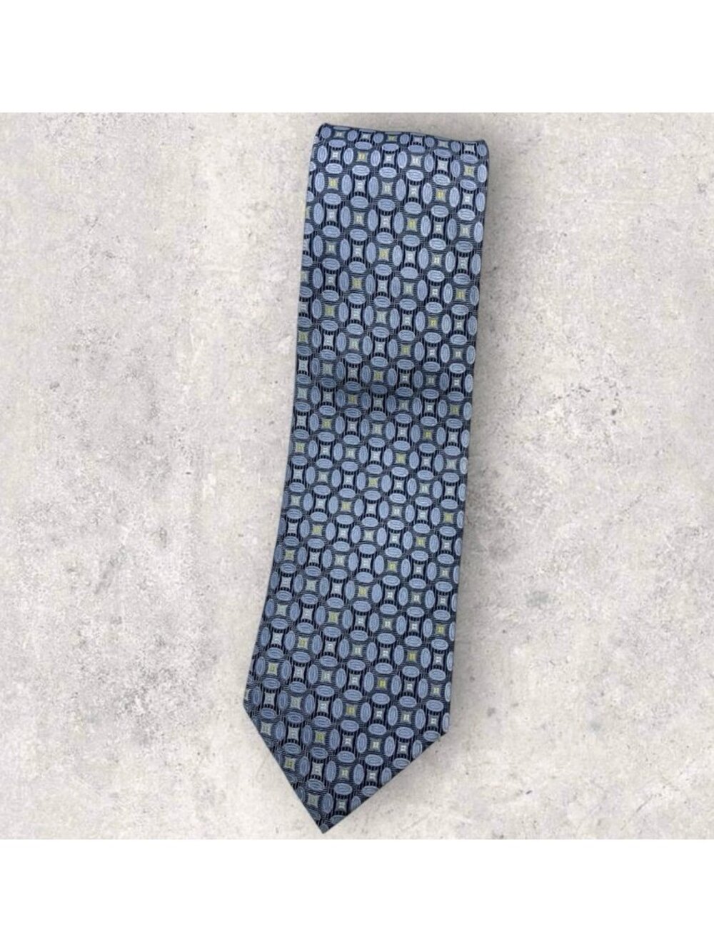 LAURA BIAGIOTTI Silk Tie Gray Blue Yellow Geometric W:3.8" EUC